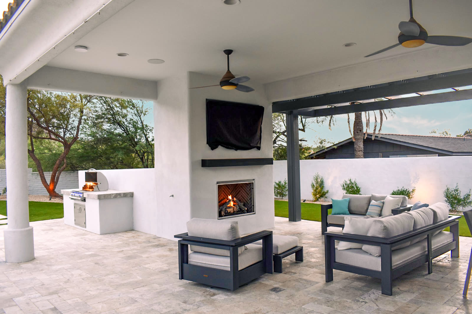 Outdoor fireplace installation in Paradise Valley Arizona